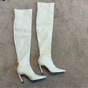 ZARA FAUX LEATHER OVER THE KNEE BOOTS W/GEOMETRIC HEEL ECUR WHITE Sz 8